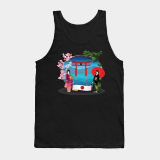 Geishas with Flag of Japan and Sakura Tank Top